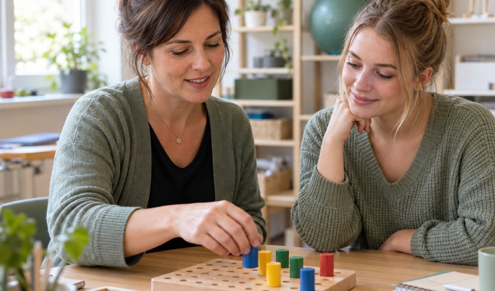 KI-generiertes Symbolbild: Eine erfahrene Ergotherapeutin erklärt einer Berufseinsteigerin Therapiematerial